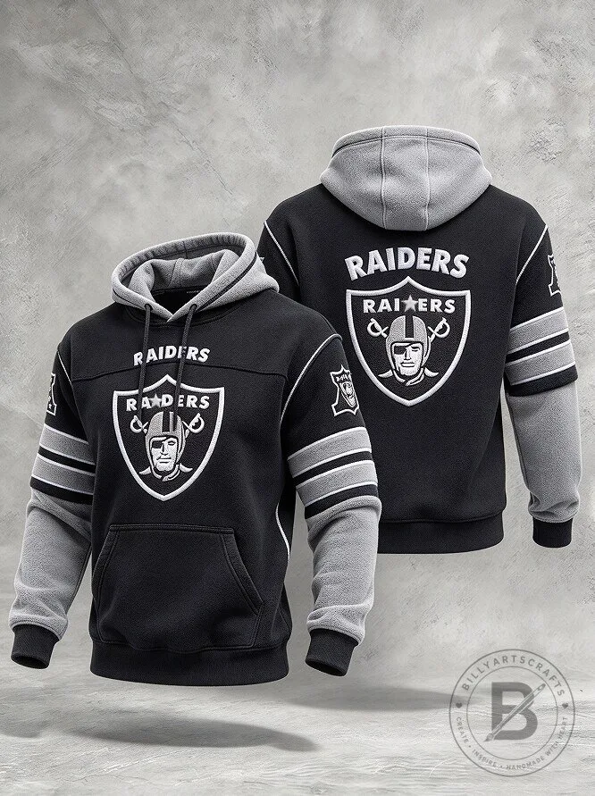 Las Vegas Raiders NFL Football Team Logo Black and Gray Colorblock Hoodie