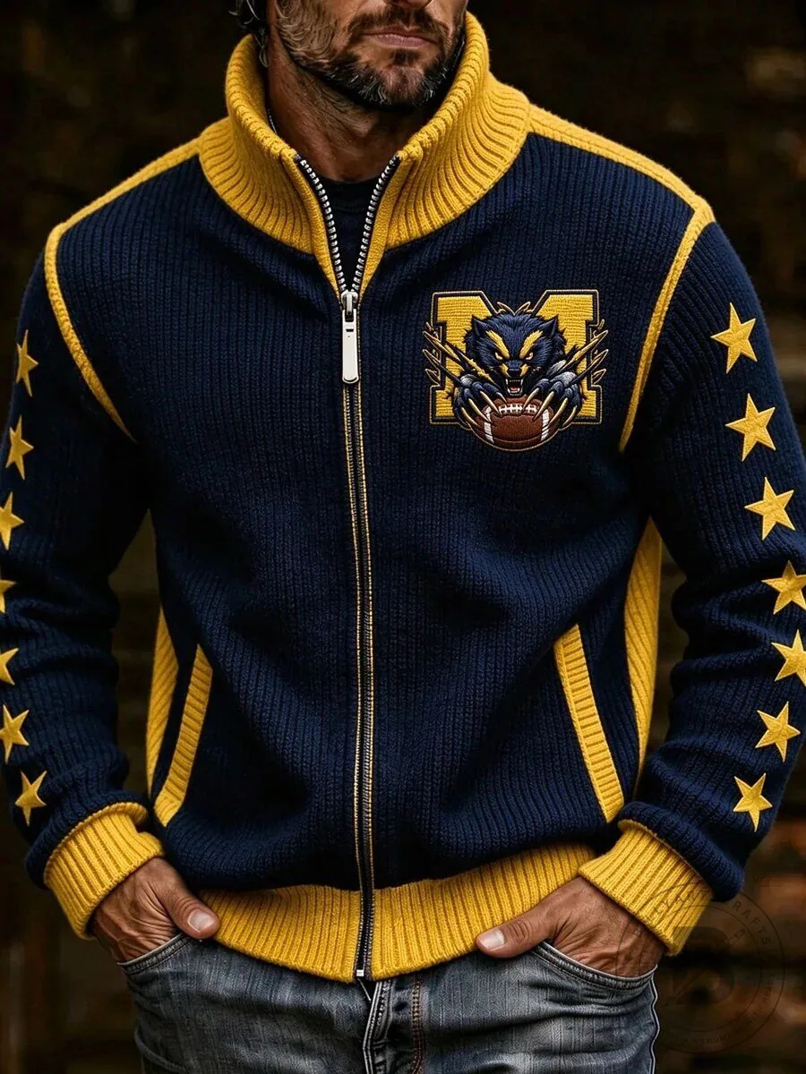 Michigan Wolverines Football Team Embroidered Full-Zip Knitted Jacket