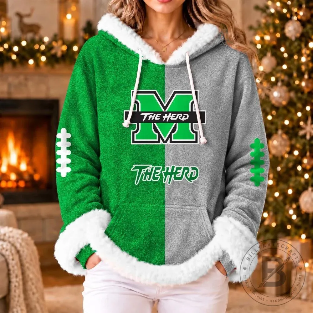 Marshall Thundering Herd Football Team Green and Gray Split Design Hoodie