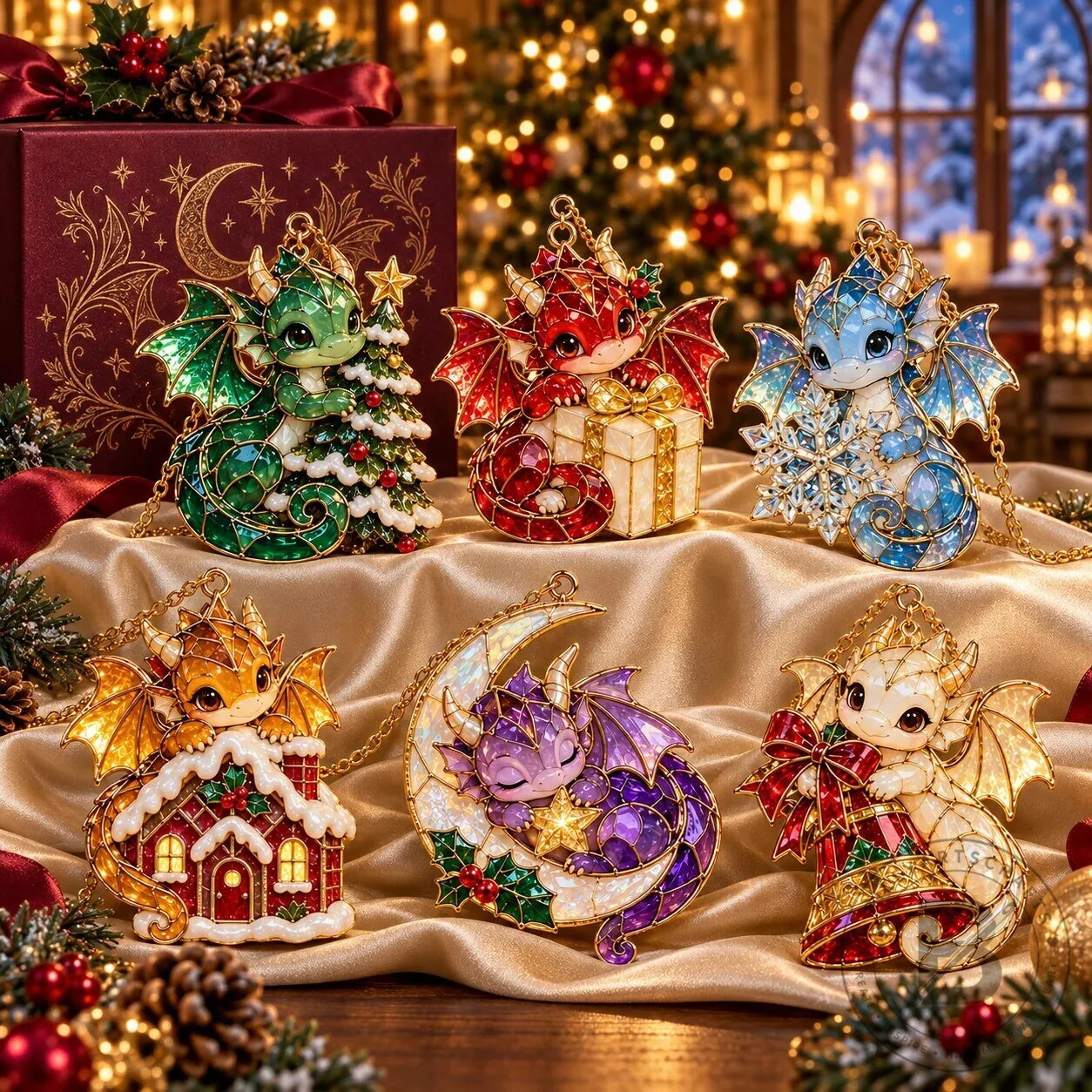 Christmas Dragon Stained Glass Style Holiday Tree Hanging Ornaments Set of Six