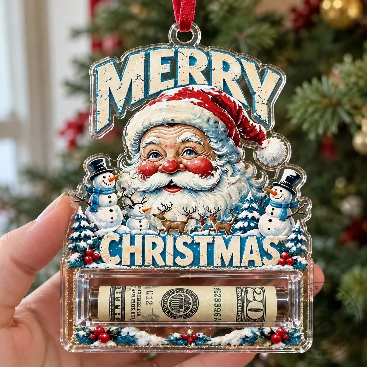 Merry Christmas Santa Claus Snowman Reindeer Money Holder Ornament