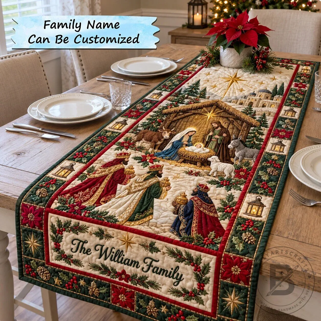Personalized Nativity Scene Quilted Christmas Table Runner
