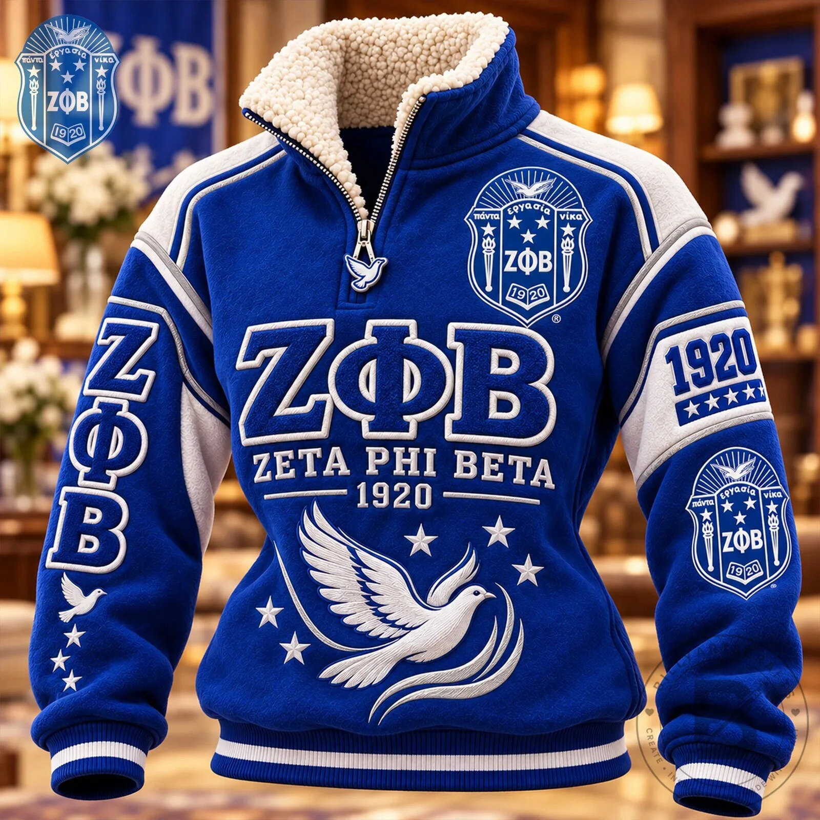 Royal Blue Pullover Jacket with Sherpa Collar for Zeta Phi Beta Sorority