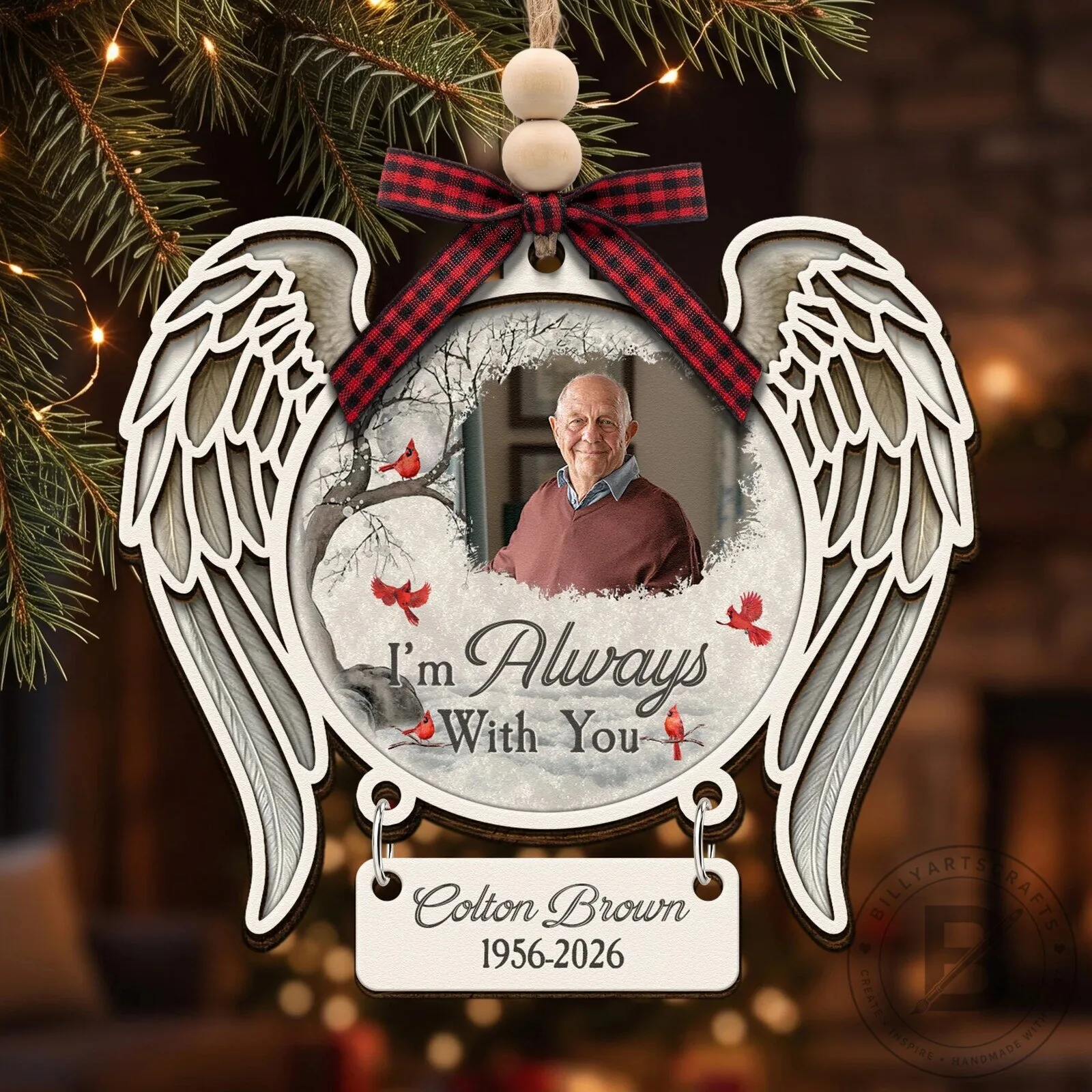 Personalized Memorial Photo Christmas Ornament with Angel Wings and Cardinal Birds