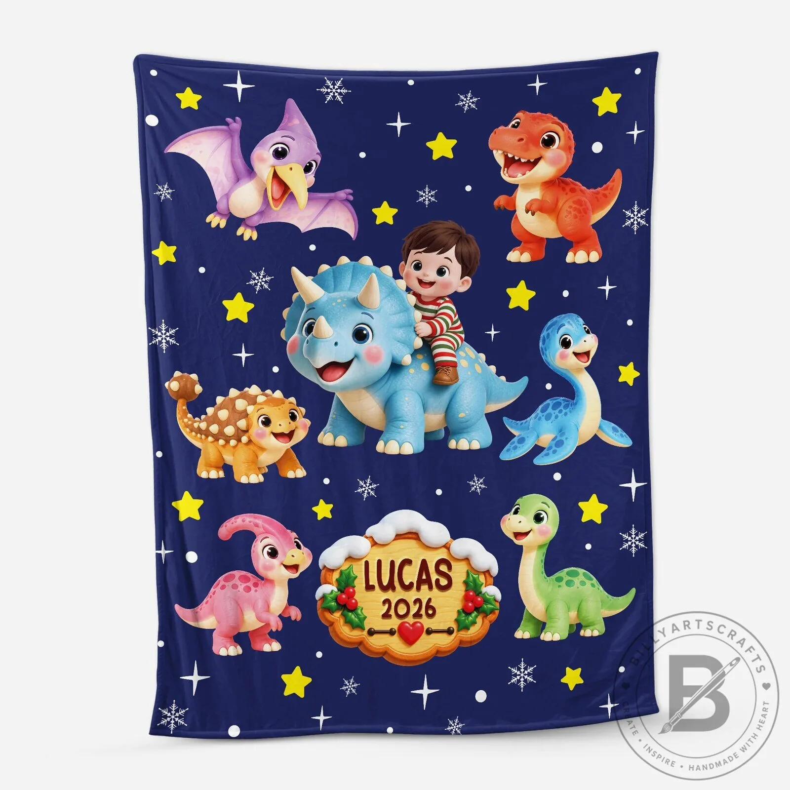 Personalized Christmas Dinosaur Blanket for Kids with Custom Name and Year