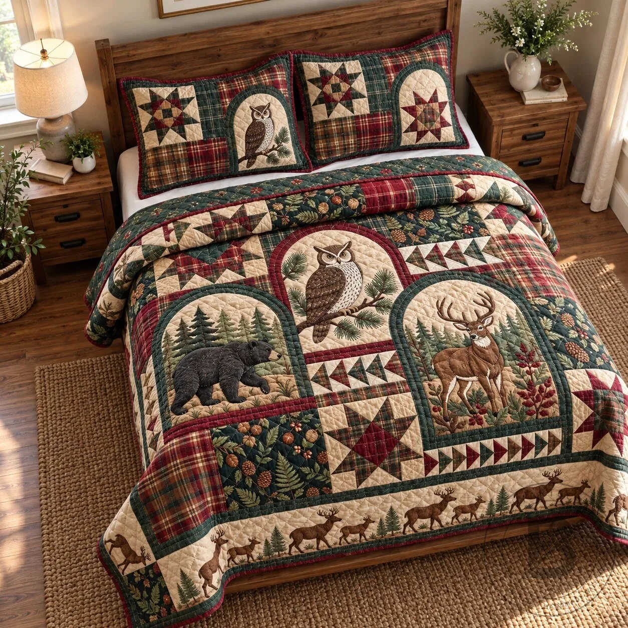 Rustic Woodland Wildlife Bear Deer Owl Quilted Bedding Set